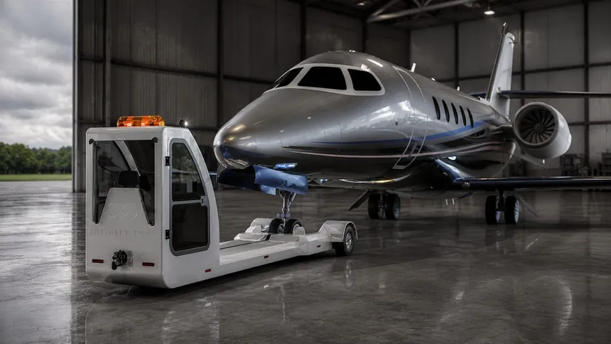 CHALLENGER glass-cab ride-on aircraft tug parked in front of a business jet