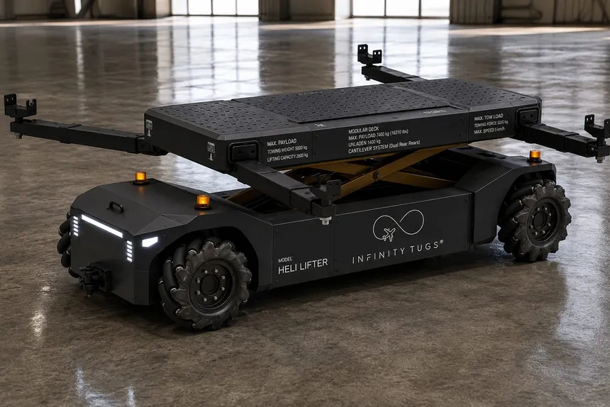Concept render of the black HELI LIFT scissor-lift helicopter platform with support arms extended