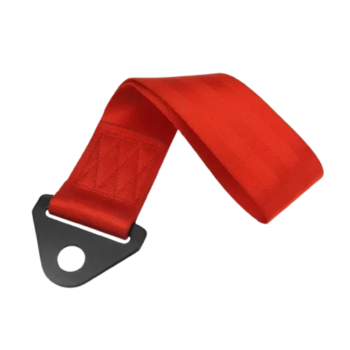 Red aircraft tow straps with metal hardware and natural leather protection pads