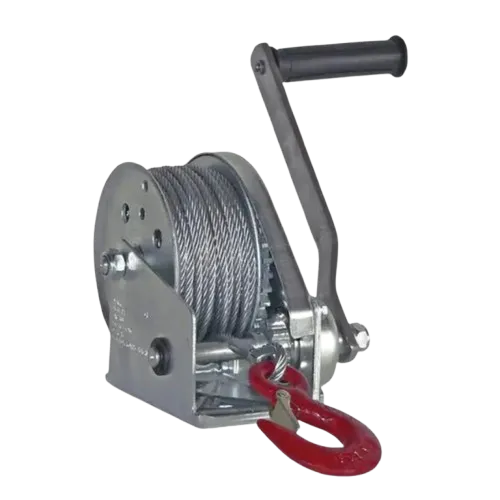 Manual aircraft winch with removable hand crank and fully galvanized housing and drum